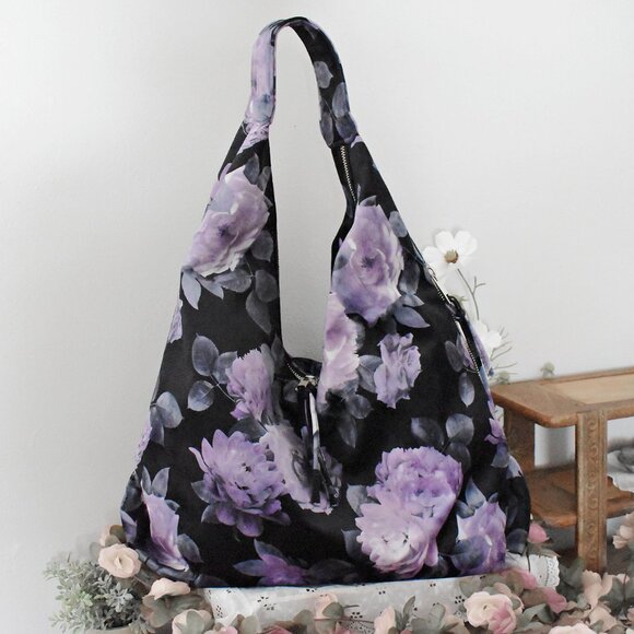 Handbags - Tabitha Webb Velvet Black Purple Floral Roses Flowers Fairytale Purse Hobo Bag